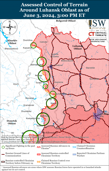 
ЗСУ повертають позиції у Вовчанську, а РФ продовжує наступати на Донбасі: карти ISW 