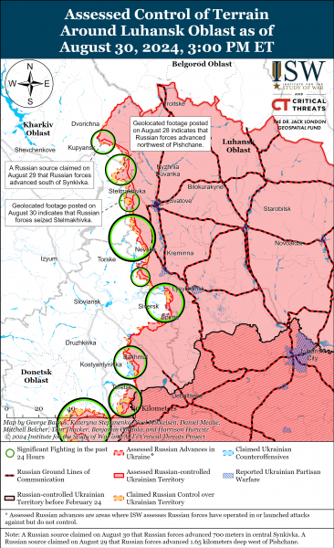 
Росіяни просунулися на Куп’янському, Покровському і Донецькому напрямках: карти ISW 