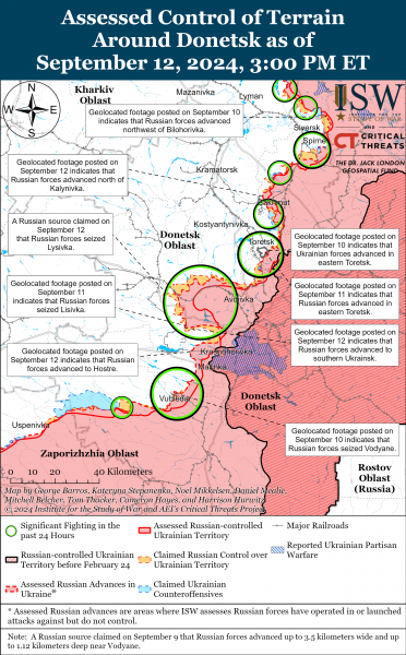 
РФ знову просунулась в районі кількох населених пунктів Донецької області: карти ISW 