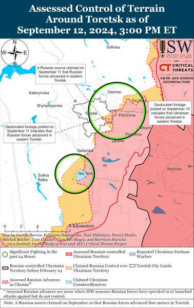 
РФ знову просунулась в районі кількох населених пунктів Донецької області: карти ISW 