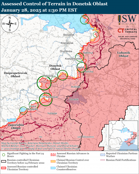 
ISW: ЗСУ мали успіх біля Покровська і Торецька, РФ тисне у 2 областях, а КНДР "довоювалася" 