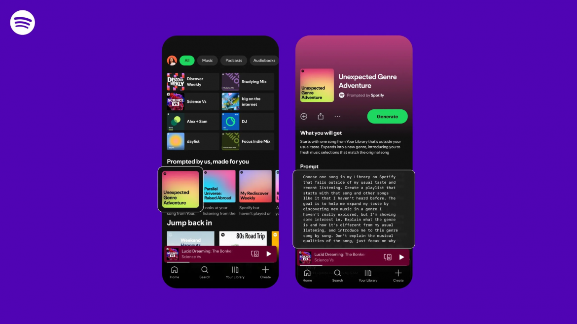 Spotify запустив Prompted Playlists, що дозволяє створювати музичні добірки за текстовими підказками користувача. Функція поки доступна преміум-користувачам у Новій Зеландії.