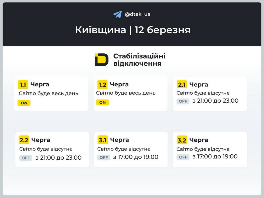 Відключення світла у Києві та Київській області 12 березня 2026: ДТЕК оприлюднив нові графіки та інтервали по 30 хвилин