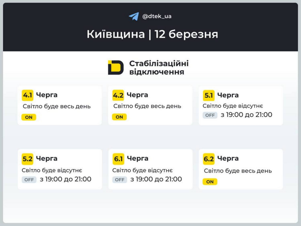 Відключення світла у Києві та Київській області 12 березня 2026: ДТЕК оприлюднив нові графіки та інтервали по 30 хвилин