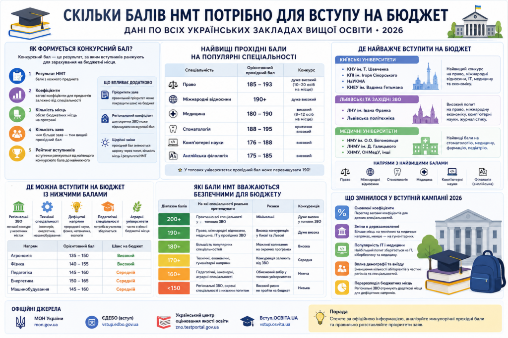 Скільки балів НМТ потрібно для вступу на бюджет у 2026 році: прохідні бали всіх українських ЗВО