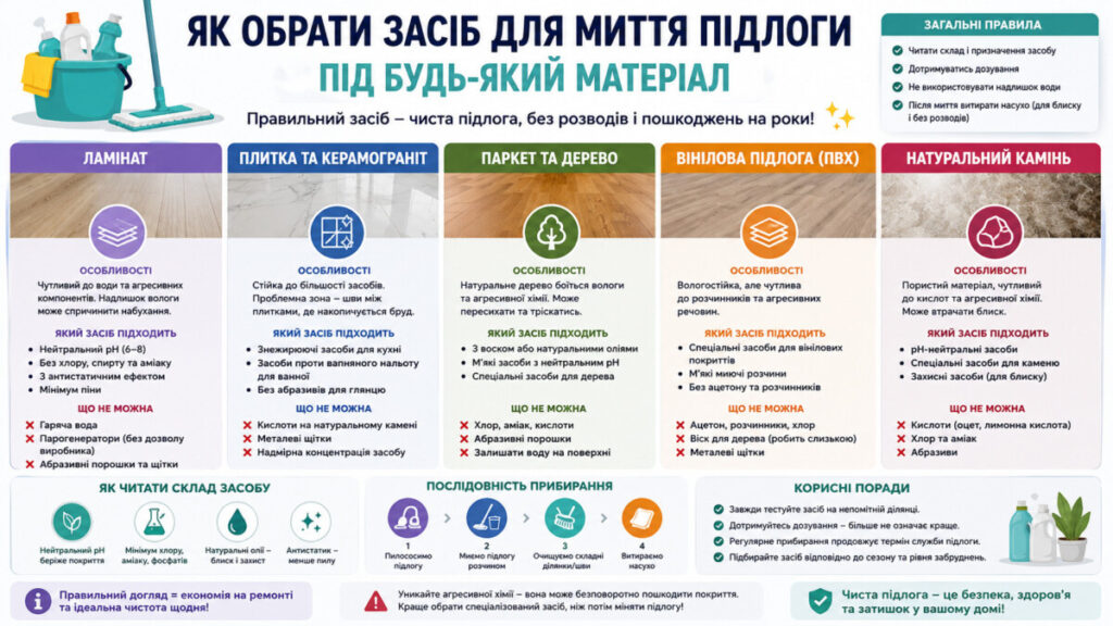 Як обрати засіб для миття підлоги: чим безпечно мити ламінат, плитку, паркет і вініл