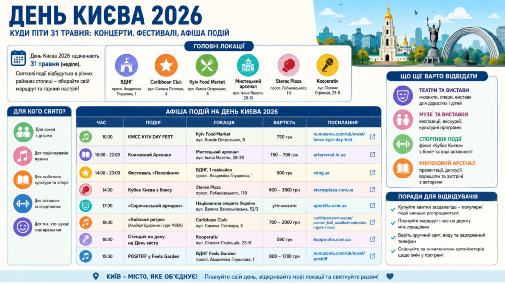 Куди піти на День Києва 2026: ВДНГ, концерти, театри та маршрути