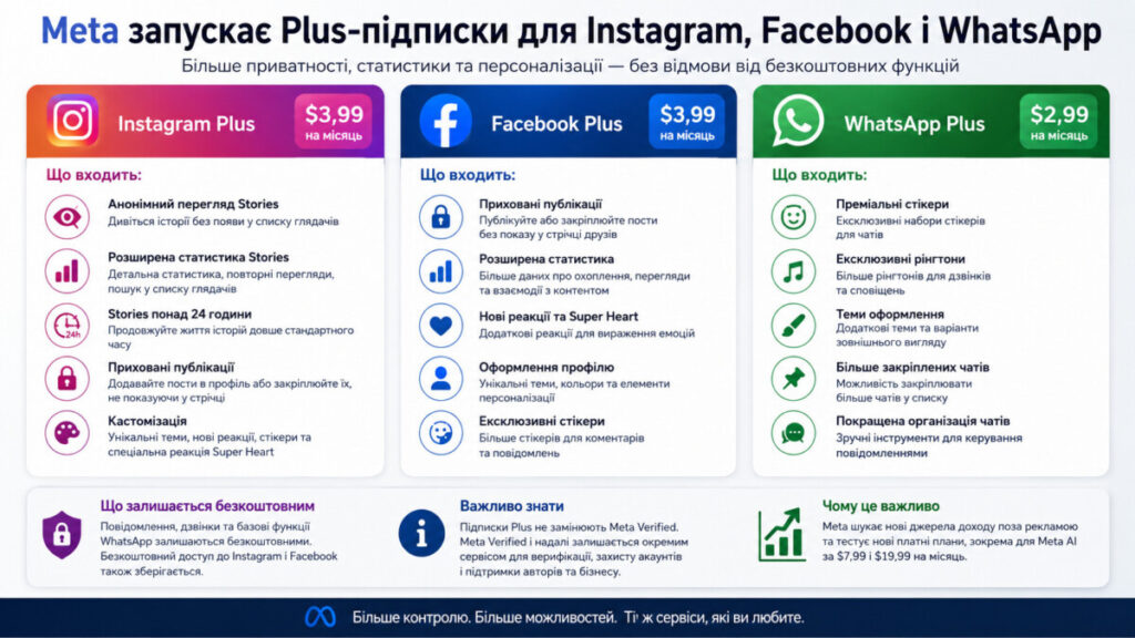 Meta запускає Plus-підписки для Instagram, Facebook і WhatsApp: що зміниться для користувачів