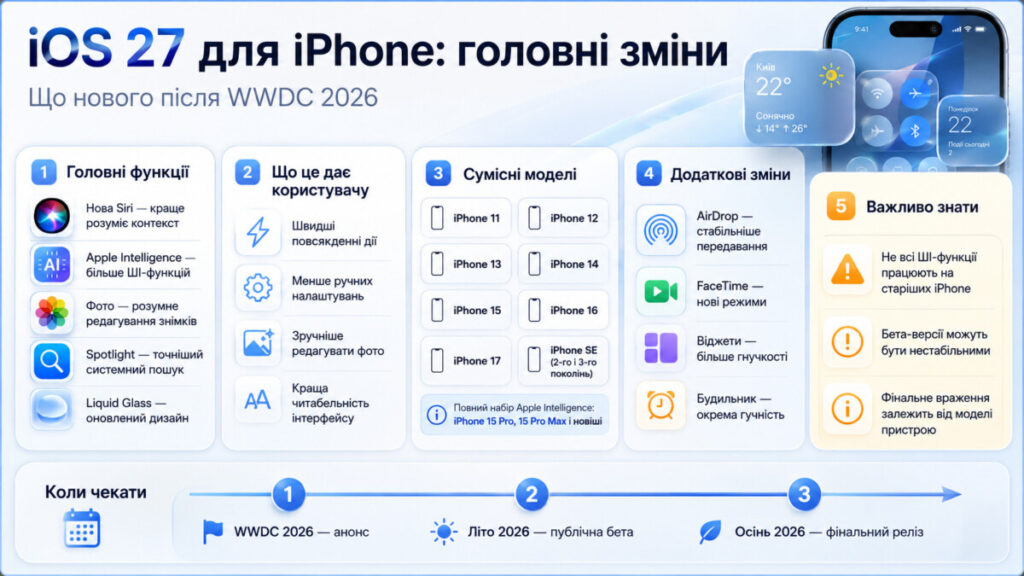 iOS 27 для iPhone: нова Siri AI, головні функції та список сумісних моделей
