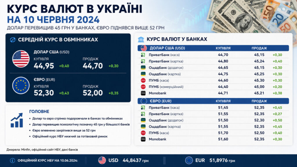 Курс валют 10 червня 2026: долар перевищив 45 грн у банках, євро піднявся вище 52 грн