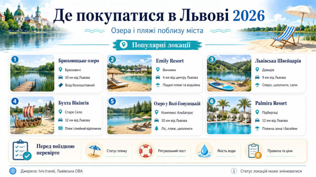 Де покупатися у Львові 2026: 18 безпечних локацій, маршрути і що перевірити перед поїздкою
