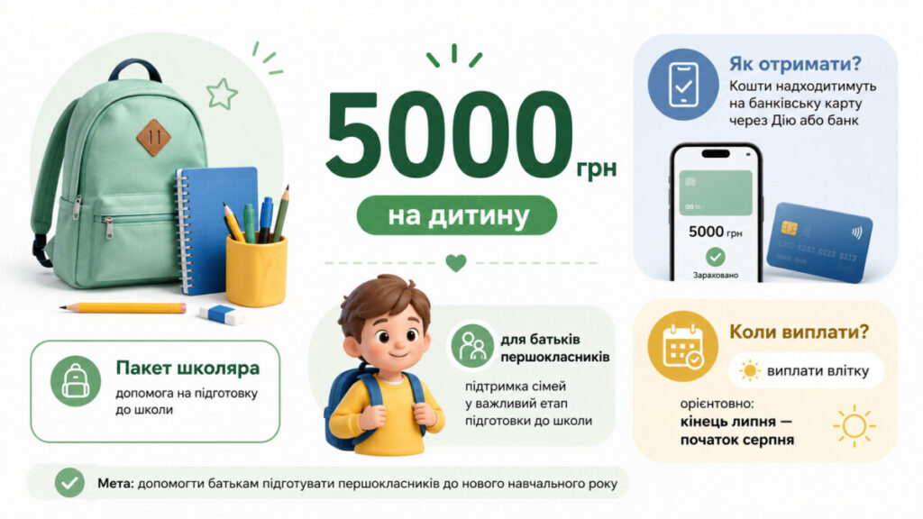 Пакунок школяра 2026: коли батьки першокласників отримають 5000 грн і як подати заяву