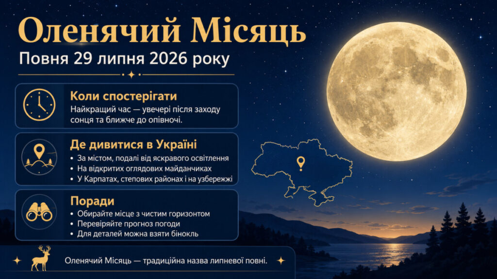 Оленячий Місяць 29 липня 2026 року: коли і де спостерігати повню в Україні