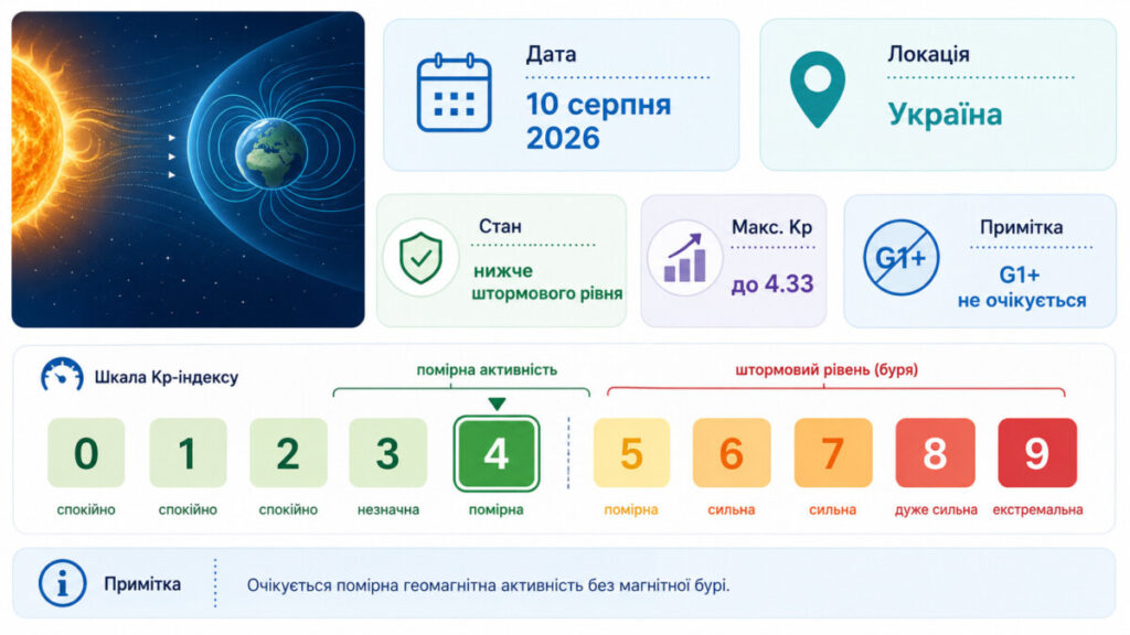 Прогноз магнітних бурь 10 серпня 2026 в Україні: чи буде шторм і коли очікується найвищий Kp