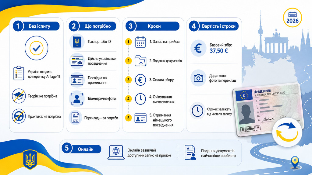 Як обміняти українське посвідчення водія на німецьке без екзамену в Німеччині у 2026 році: покрокова інструкція, ціна, вартість і строки