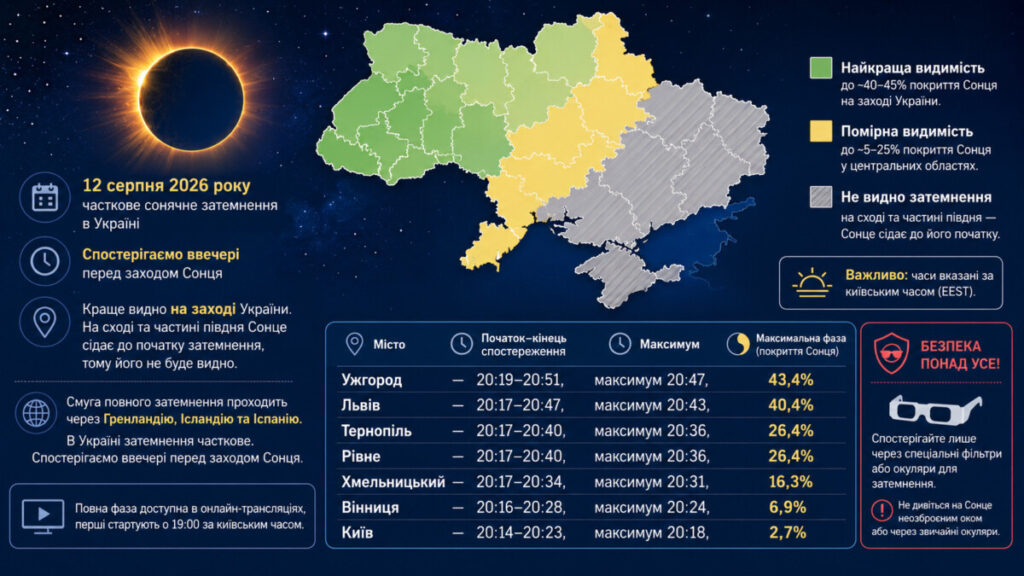 Сонячне затемнення 12 серпня 2026 року в Україні: точний час для Києва, Львова та Ужгорода