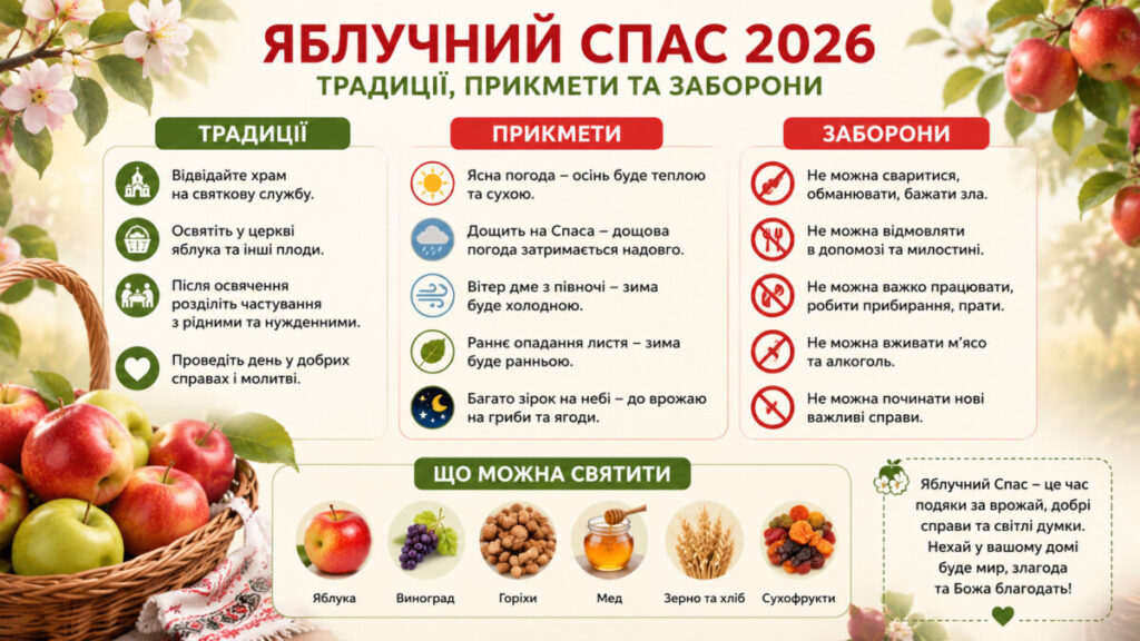Яблучний Спас 2026: що святять 6 серпня, традиції, заборони та привітання