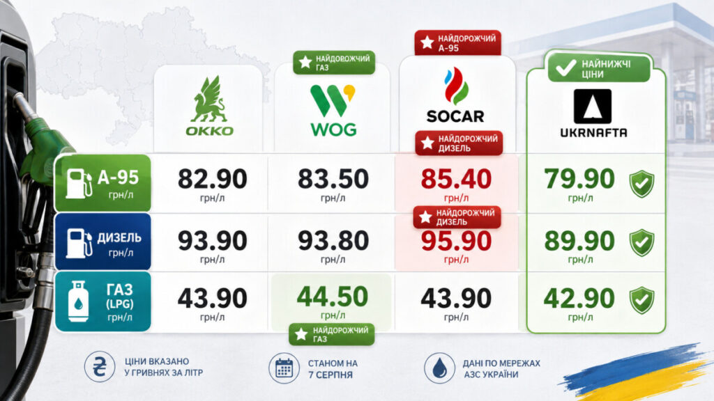 Ціни на бензин, дизель і газ 7 серпня 2026: де в Україні заправитися найдешевше
