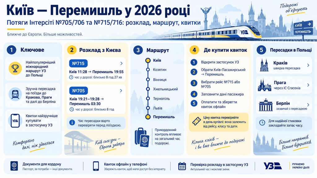 Потяг Київ — Перемишль у 2026 році: розклад №705/706 та №715/716, ціна квитків і як купити в застосунку УЗ