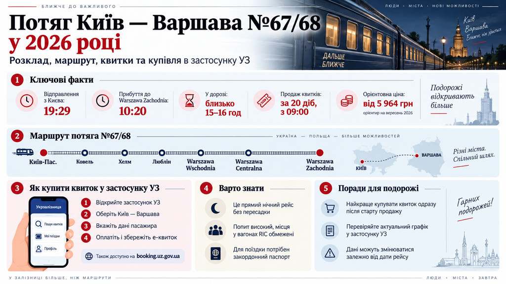 Як їде потяг Київ–Варшава у 2026 році: розклад №67/68, скільки коштує квиток, де купити та коли стартує продаж