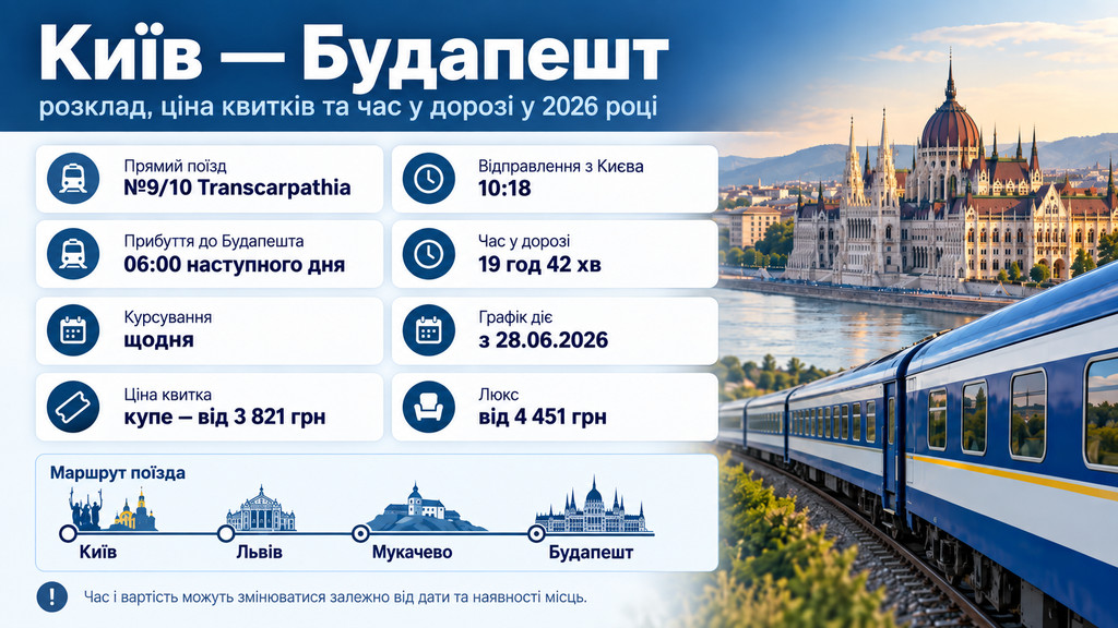 Київ–Будапешт без пересадок у 2026 році: коли відправляється поїзд №9, скільки коштує квиток і скільки їхати
