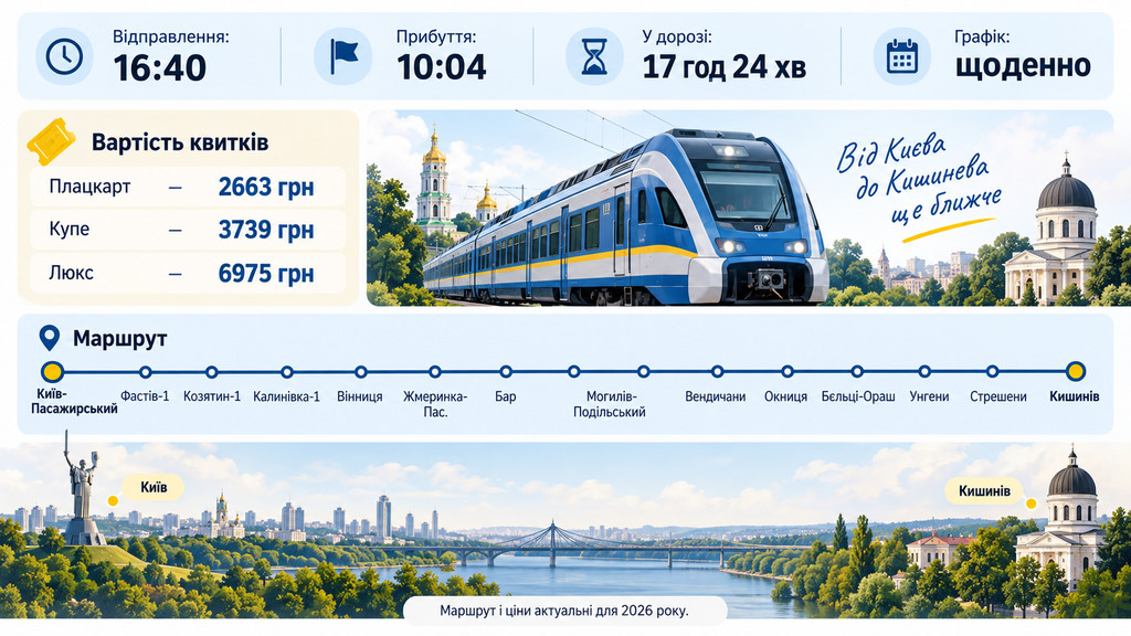 Поїзд Київ–Кишинів у 2026 році: скільки коштує квиток, де купити та який актуальний розклад рейсу