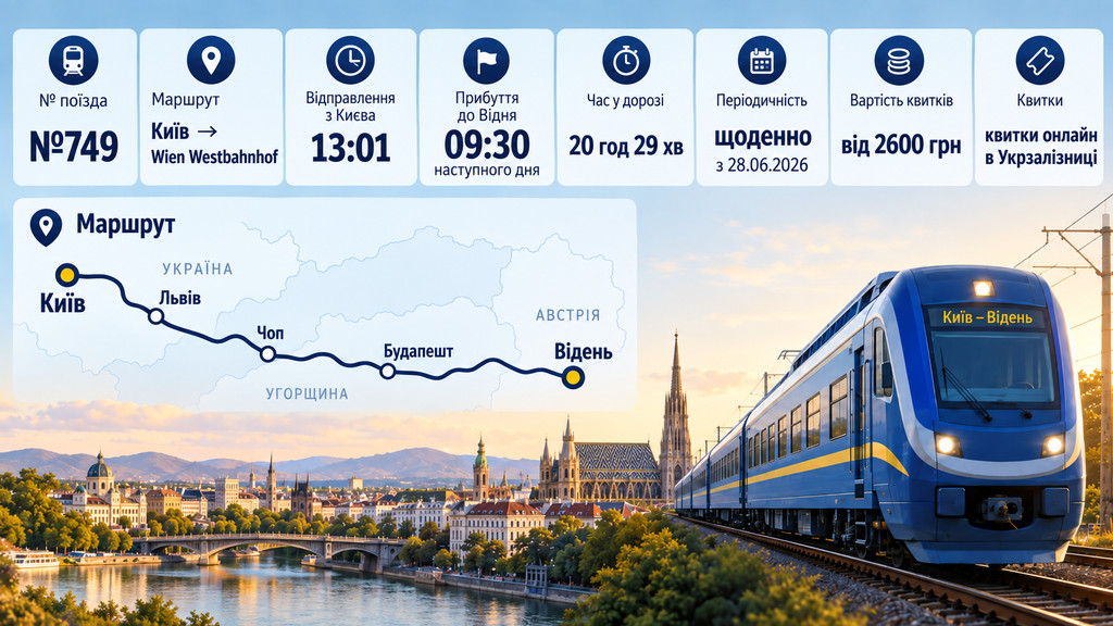 Скільки коштує квиток Київ–Відень у 2026 році: розклад поїзда №749, час у дорозі, зупинки та маршрут
