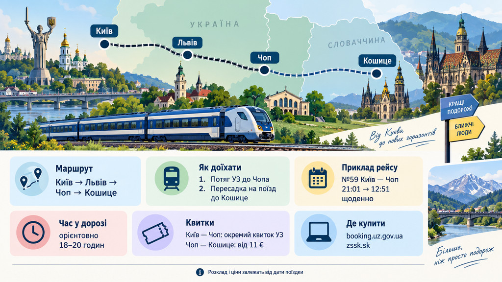 Як доїхати з Києва до Кошице поїздом у 2026 році: розклад рейсів, квитки, ціни та маршрут через Мукачево