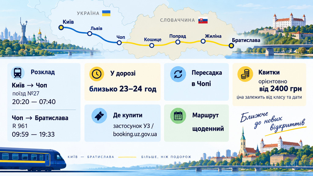 Київ–Братислава поїзд 2026: актуальний розклад, ціна квитків, маршрут через Ужгород і час у дорозі