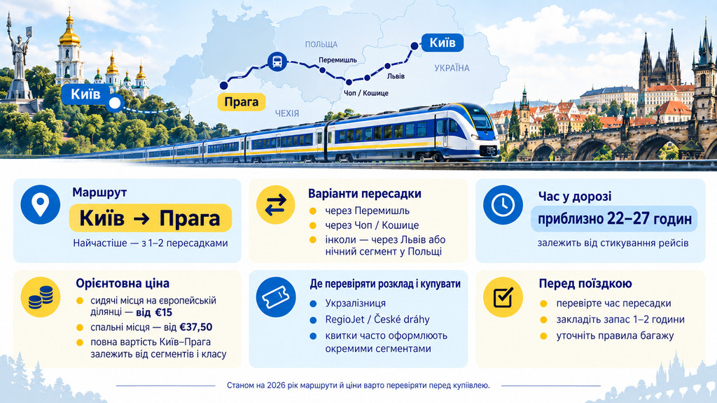 Як доїхати з Києва до Праги поїздом у 2026 році: актуальний розклад, вартість квитків, пересадки та маршрути через Польщу