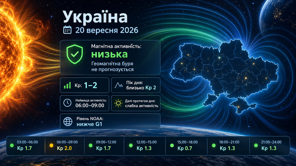 Прогноз магнітних бурь на 20 вересня 2026 в Україні: коли очікується пік Kp та чи буде геомагнітний шторм